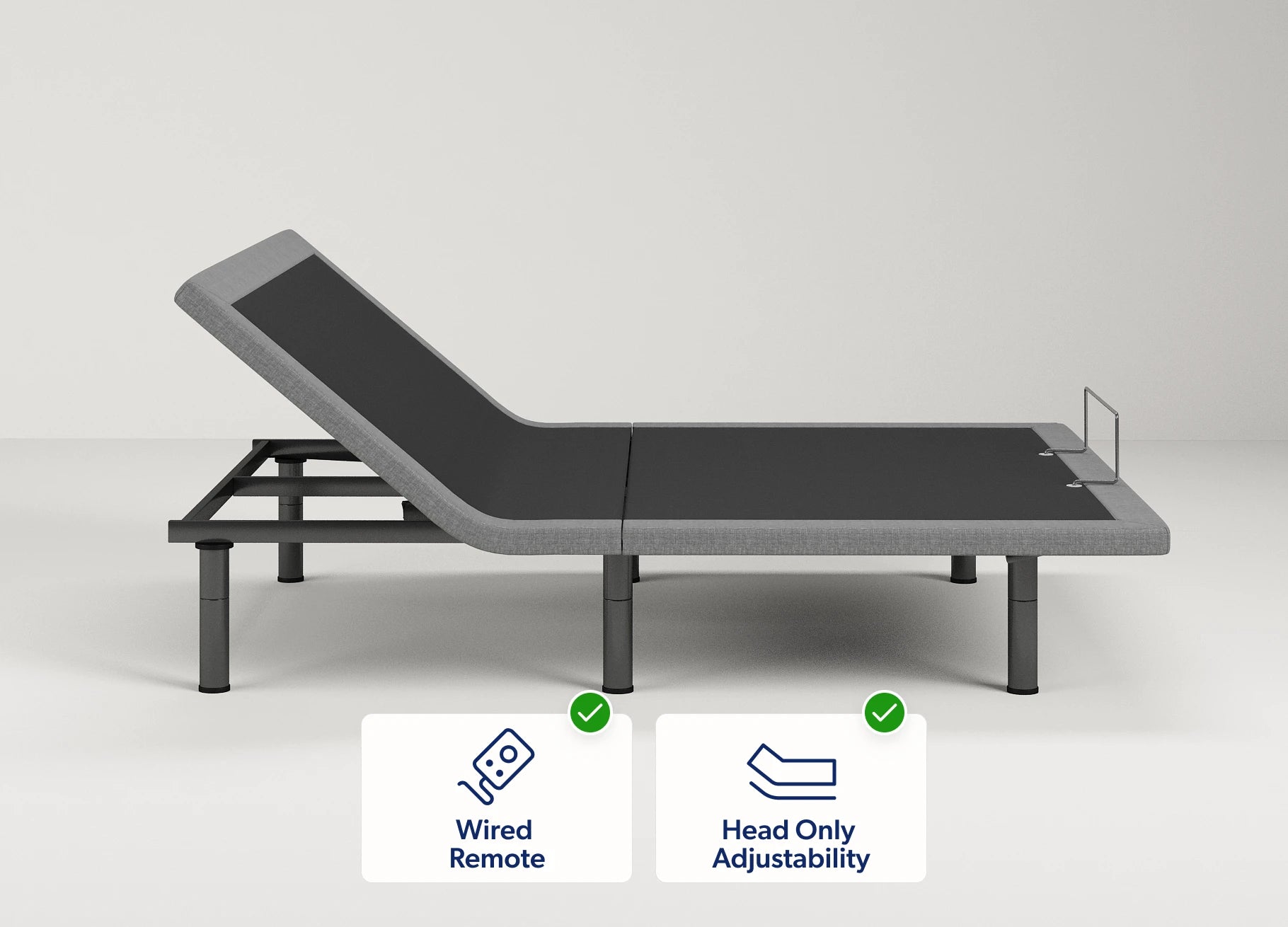 1.0 Starter Adjustable Base – Side View with features of wired remote and head up only adjustability