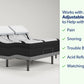 An adjustable electric mattress shown at an angle on a bed frame, with two white pillows placed on top. The right side of the image contains a light green panel with text explaining compatibility with an adjustable base and a list of benefits: Pain, Snoring, Trouble Breathing, Acid Reflux, and Watching TV, each checked with a green tick.