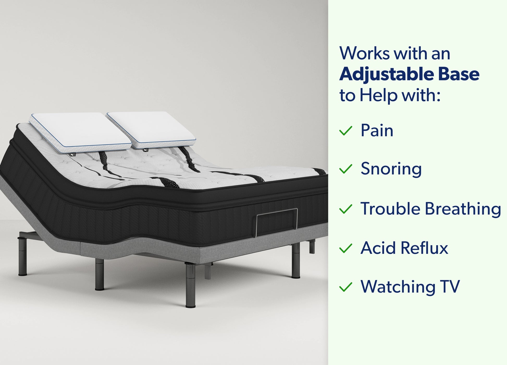 An adjustable electric mattress shown at an angle on a bed frame, with two white pillows placed on top. The right side of the image contains a light green panel with text explaining compatibility with an adjustable base and a list of benefits: Pain, Snoring, Trouble Breathing, Acid Reflux, and Watching TV, each checked with a green tick.