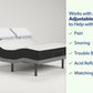 An adjustable mattress on a matching adjustable base shown in a clean studio setting, with text on the right listing benefits such as pain relief, snoring reduction, better breathing, acid reflux, and TV watching.