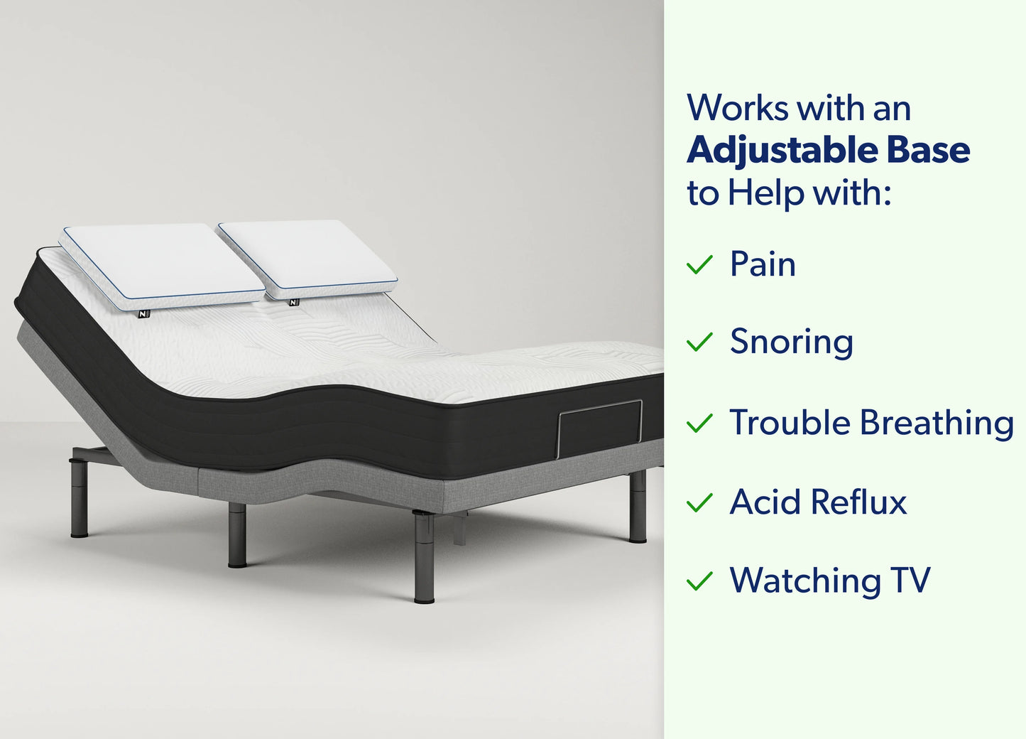 An adjustable mattress on a matching adjustable base shown in a clean studio setting, with text on the right listing benefits such as pain relief, snoring reduction, better breathing, acid reflux, and TV watching.