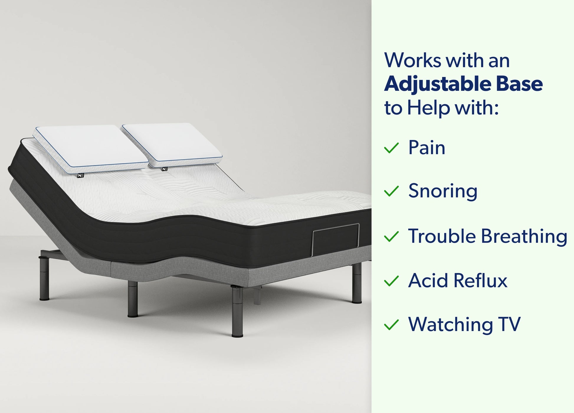 An adjustable mattress on a matching adjustable base shown in a clean studio setting, with text on the right listing benefits such as pain relief, snoring reduction, better breathing, acid reflux, and TV watching.