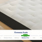 A close-up of a mattress corner on a wooden bed frame, showing a white tufted mattress with a black side border. A white overlay at the bottom reads 'Firmness Scale' with a green '6-8' mark.