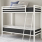 White metal bunk bed frame with black mattress panels and a ladder, shown in a styled bedroom setting with pillows and wall art.