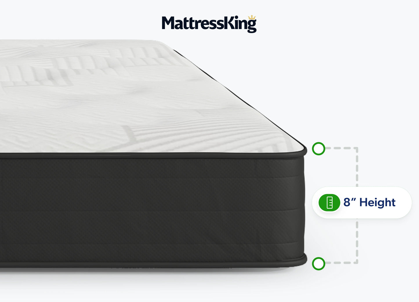MattressKing mattress corner with a white quilted top and black side panel, shown with text labels indicating 8-inch height on a clean white background.
