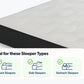 A mattress shown at an angle with a white quilted top and dark side panel, plus an informational overlay that reads 'Ideal for these Sleeper Types' with icons for Back Sleepers, Side Sleepers, and Stomach Sleepers.