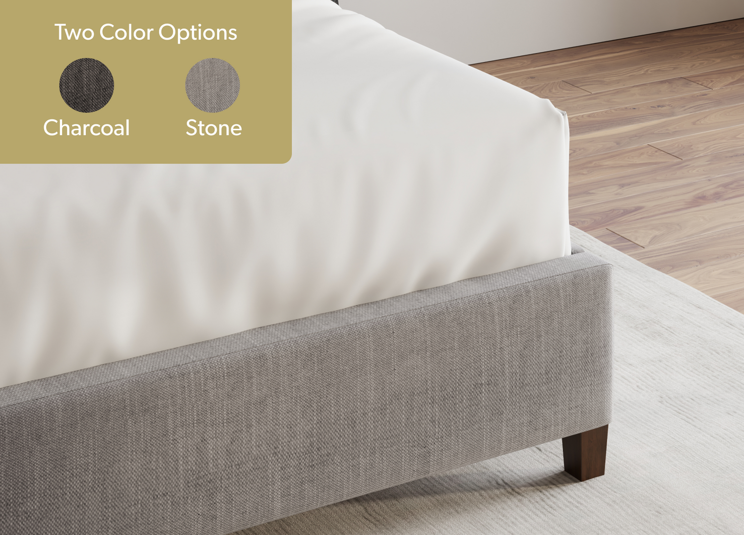 Close-up of the Blackwell Bed's upholstered platform footboard in stone showing that it comes in two color options: Stone and Charcoal - Mattress King