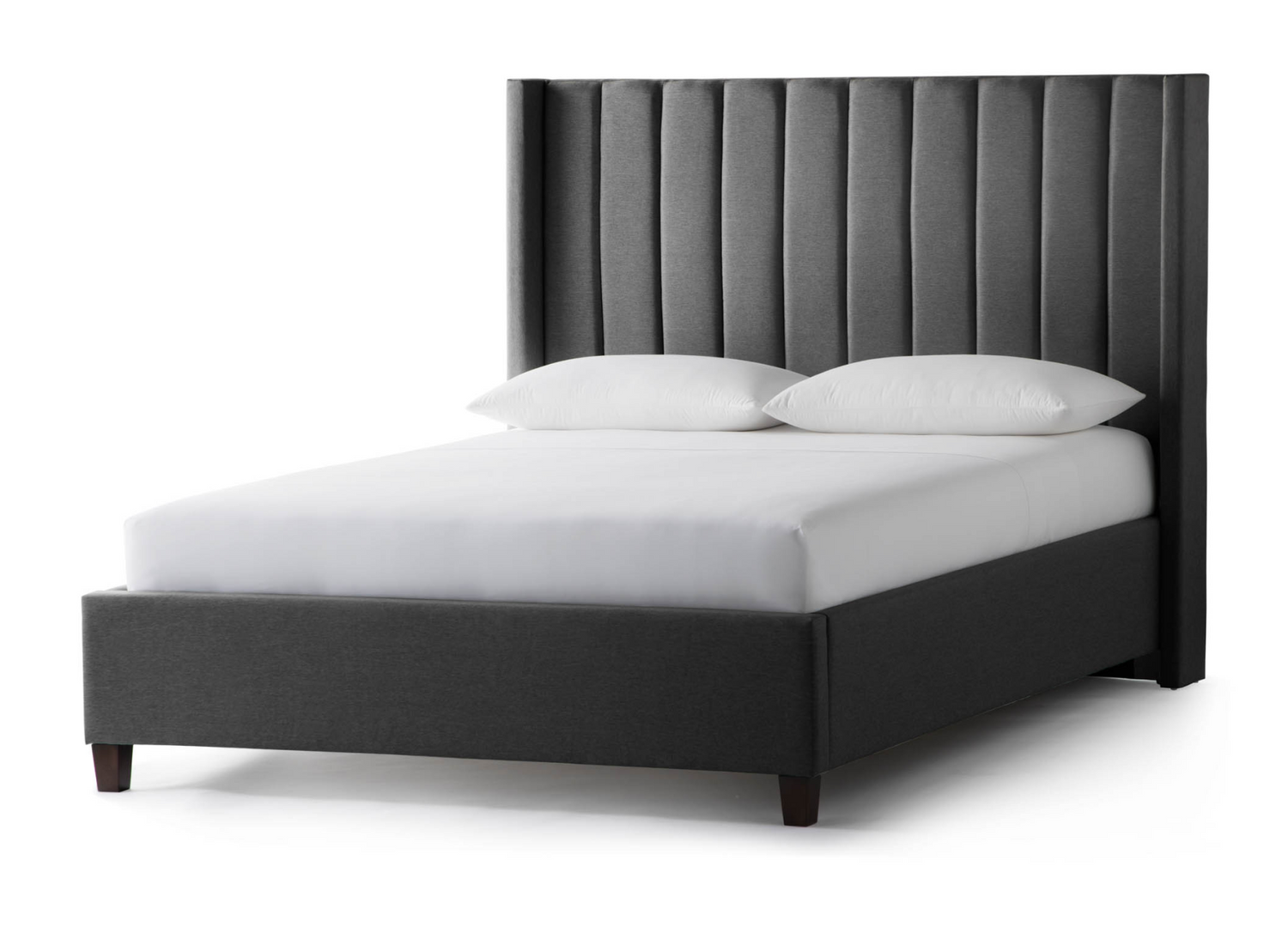 Front angle view of the Blackwell Bed in charcoal, highlighting the intricate vertical channel design - Mattress King