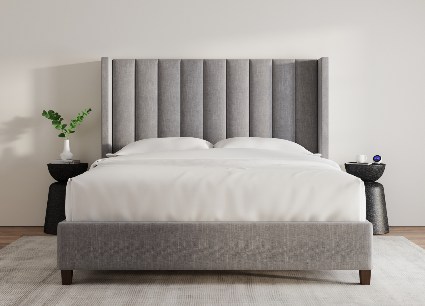 Front view of the Blackwell Bed in stone, highlighting the intricate vertical channel design - Mattress King