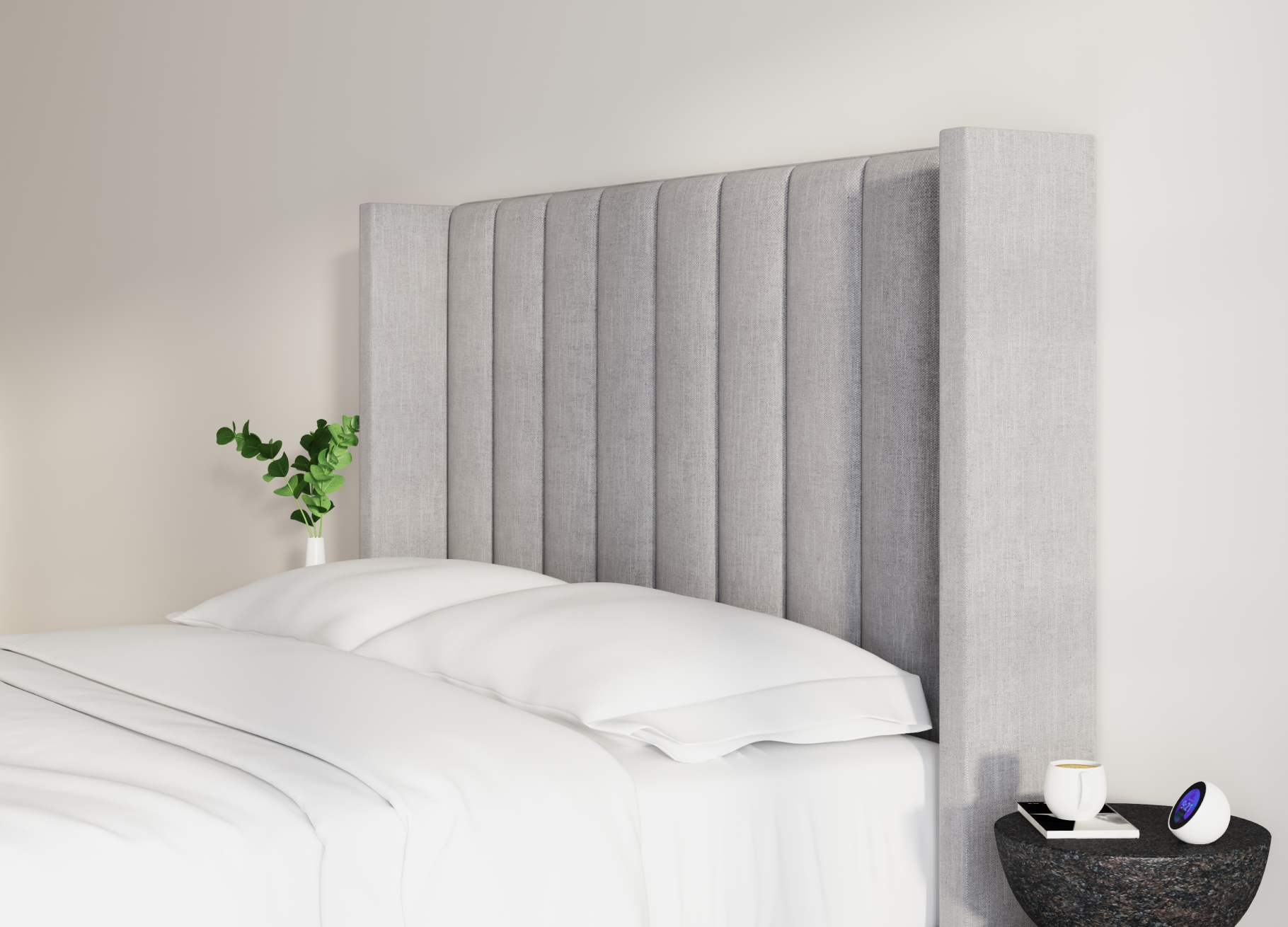Close-up view of the Blackwell Bed headboard in stone, highlighting the intricate vertical channel design - Mattress King