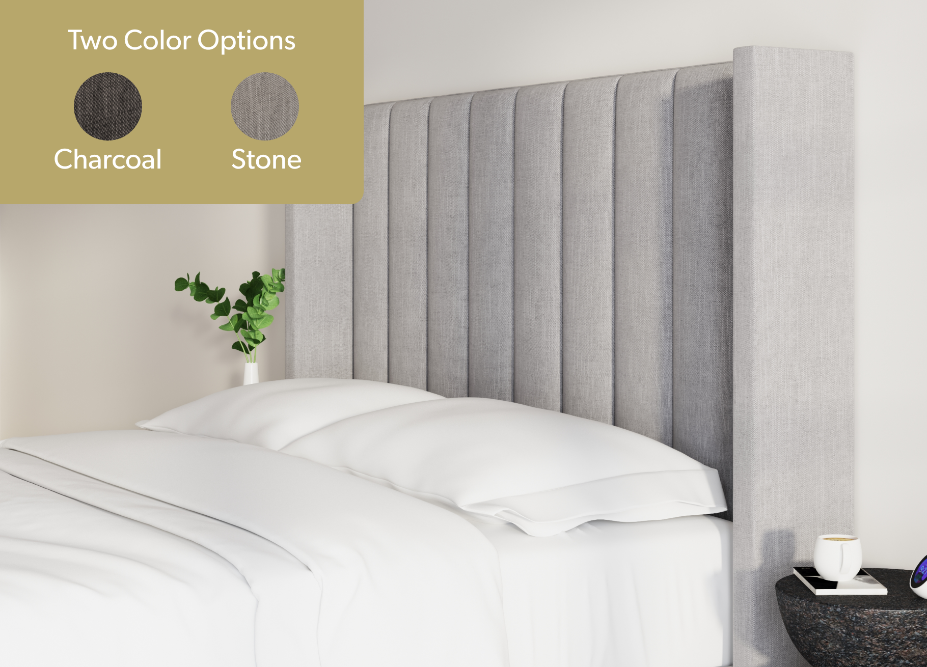 Upholstered Blackwell Headboard Close Up View comes in two color options: Charcoal and Stone - Mattress King